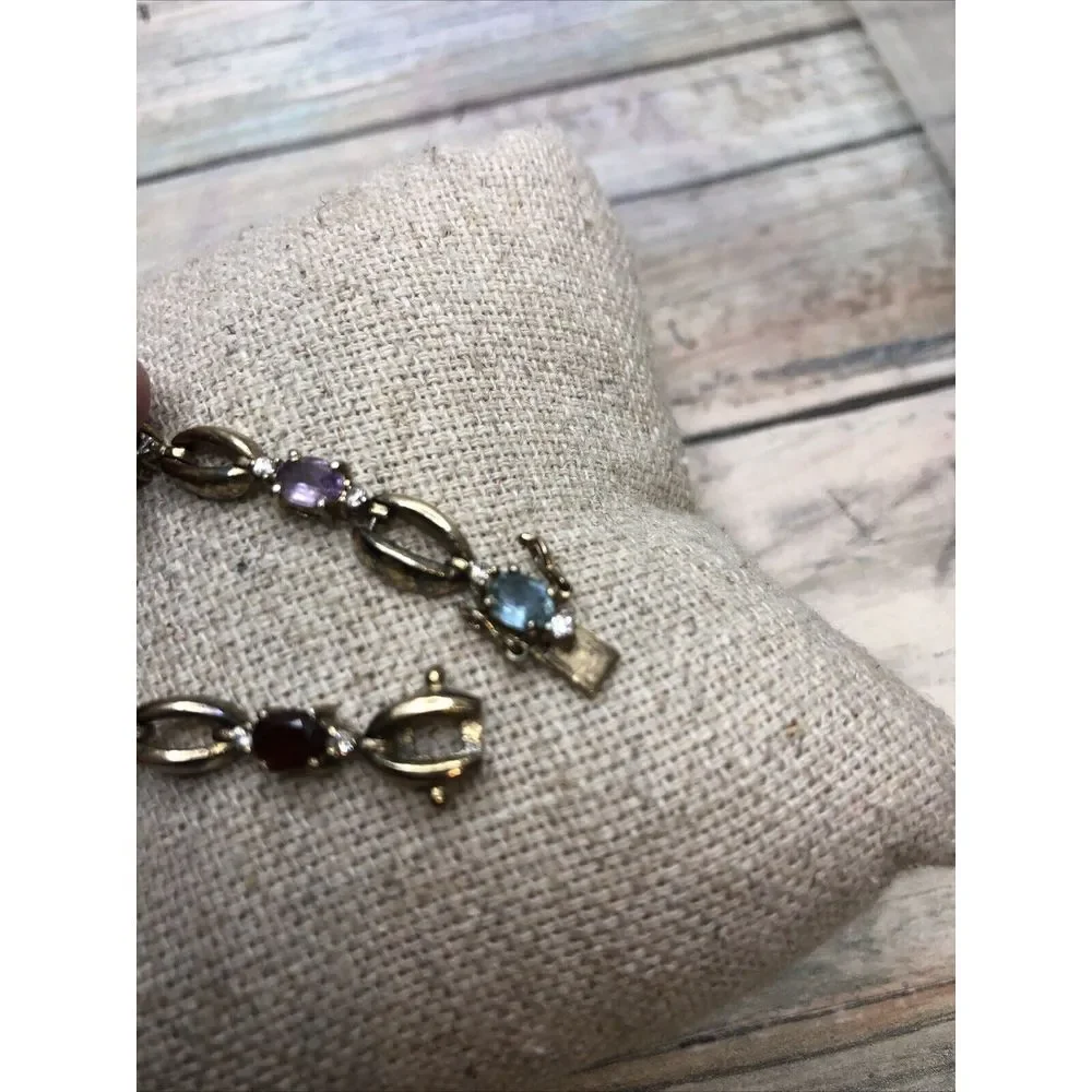 Vtg Vermeil Sterling Silver Colorful Gemstones Bracelet Amethyst‎ Topaz Garnet